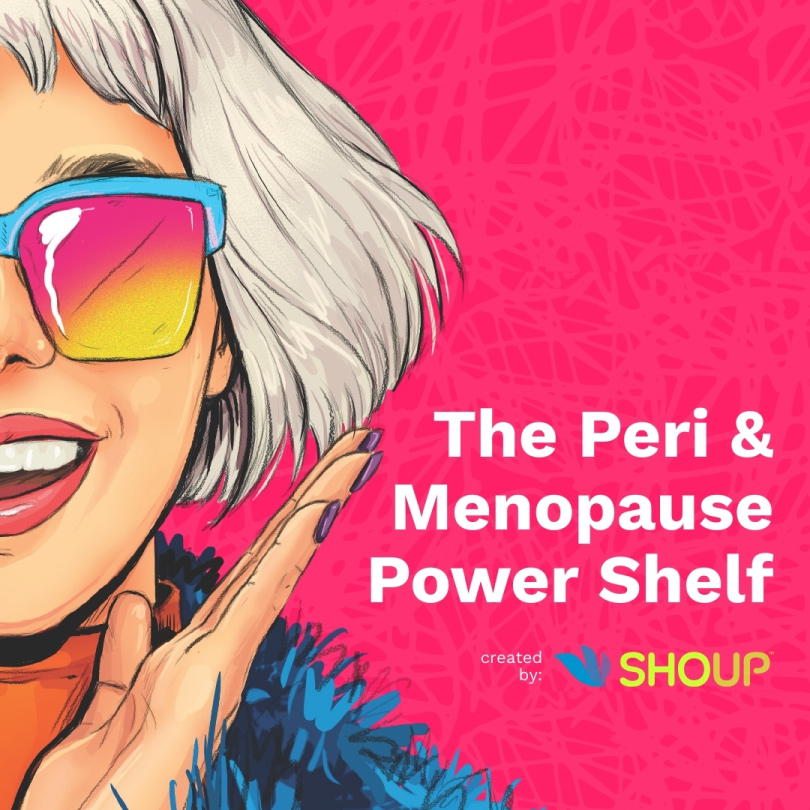 Woman with colorful sunglasses, blonde hair, and blue furry top throwing her hands up in a joyous way